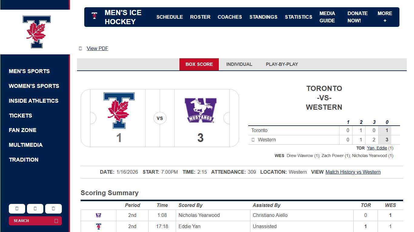 Men's Ice Hockey vs Western University on 1/16/2026 - Box Score - University of Toronto Athletics